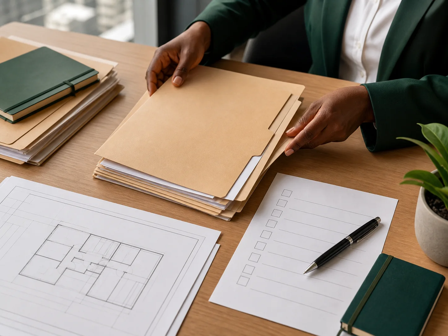 Dossiers, plan et checklist illustrant le suivi administratif d’un projet.